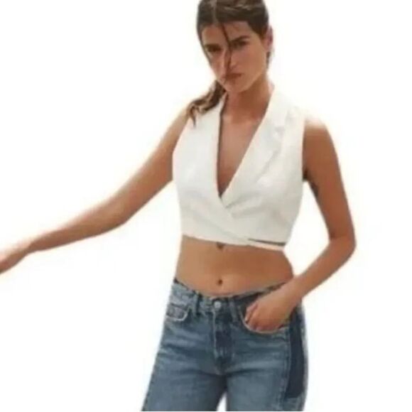 Zara Tops - Zara Linen blend waistcoat deep V  with ties sz M